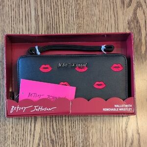 Betsey Johnson Black Wristlet Wallet with Red Lips New with Tags